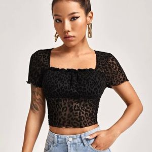 SHEIN Leopard Print Lettuce Trim Mesh Top
